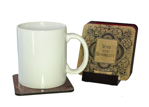 Jane Austen Book Illustration Drawings Coaster Set - Cork Back Coasters (Set of 4, Holder Included)…