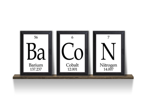 Bacon Periodic Table Framed 3 Piece Wall Plaque Set Each Plaque 5" x 7"