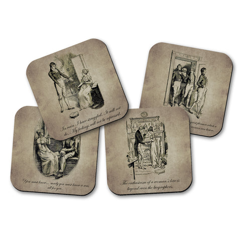Jane Austen Book Illustration Drawings Coaster Set - Cork Back Coasters (Set of 4, Holder Included)