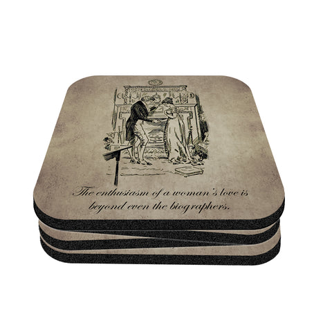 Jane Austen Book Illustration Drawings Coaster Set - Cork Back Coasters (Set of 4, Holder Included)