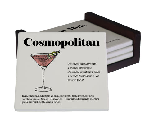 Popular Drink Cocktail Drink Recipes 4-Piece Matte Ceramic Coaster Set - Caddy Included
