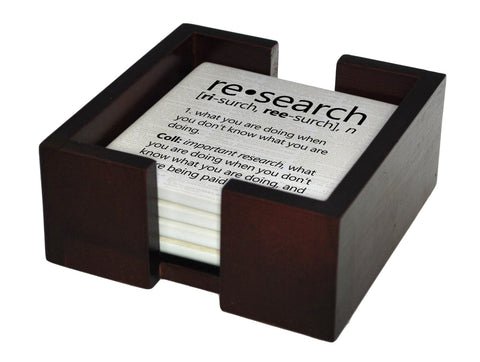 Research Definition Coaster Set - Ceramic Tile 4 Piece Set - Caddy Included