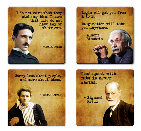 Famous Scientists- 4 Piece Ceramic Coaster Set with Caddie