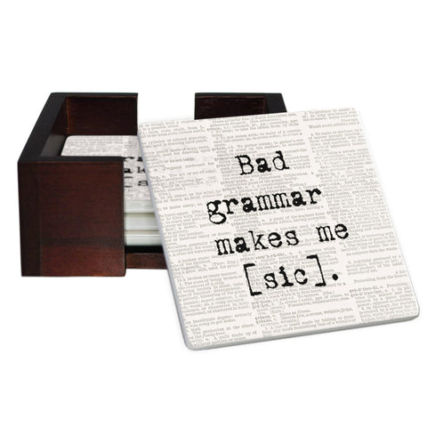 Bad Grammar Makes Me [Sic] Coaster Set - Ceramic Tile 4 Piece Set - Caddy Included