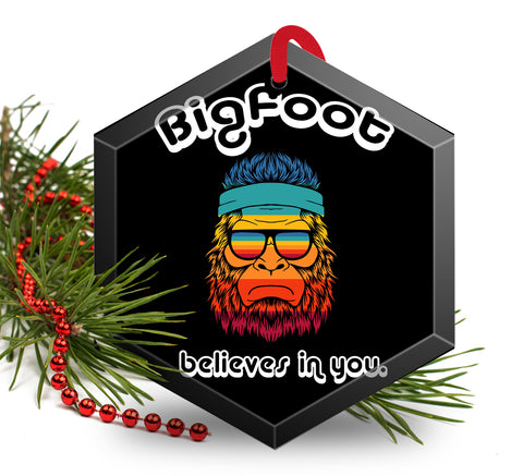 Big Foot Believes in You Funny Glass Christmas Ornament