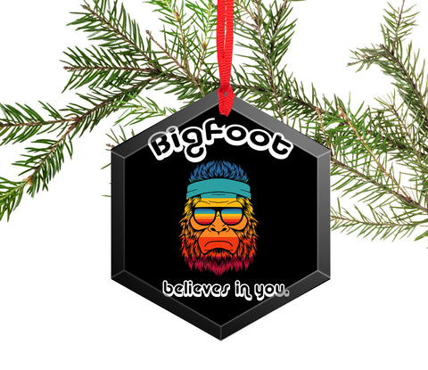 Big Foot Believes in You Funny Glass Christmas Ornament