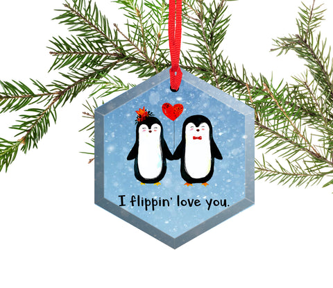 I Flippin' Love You Beveled Glass Christmas Ornament