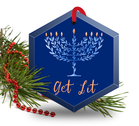 Get Lit Menorah Hannukah Holiday  Beveled Glass Ornament