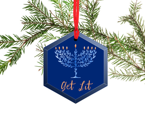 Get Lit Menorah Hannukah Holiday  Beveled Glass Ornament