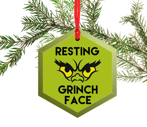 Resting Grinch Face Funny  Beveled Glass Christmas Ornament