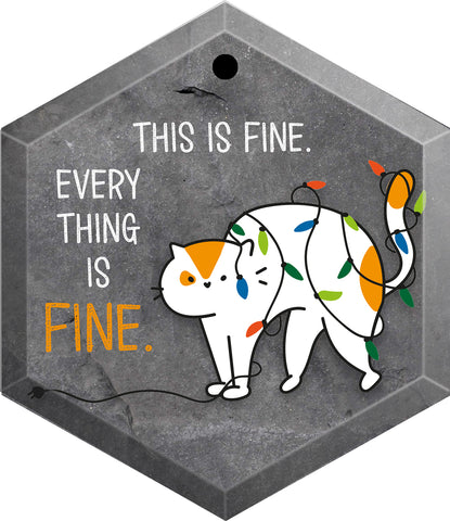 This is Fine. Everything is Fine. Cat Tangled in Christmas Lights Beveled Glass Christmas Ornament