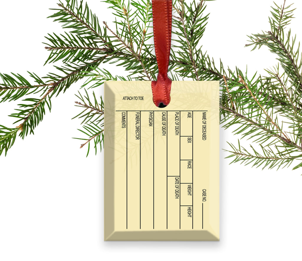 Glass Autopsy Toe Tag Christmas Ornament