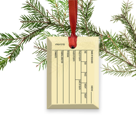 Glass Autopsy Toe Tag Christmas Ornament