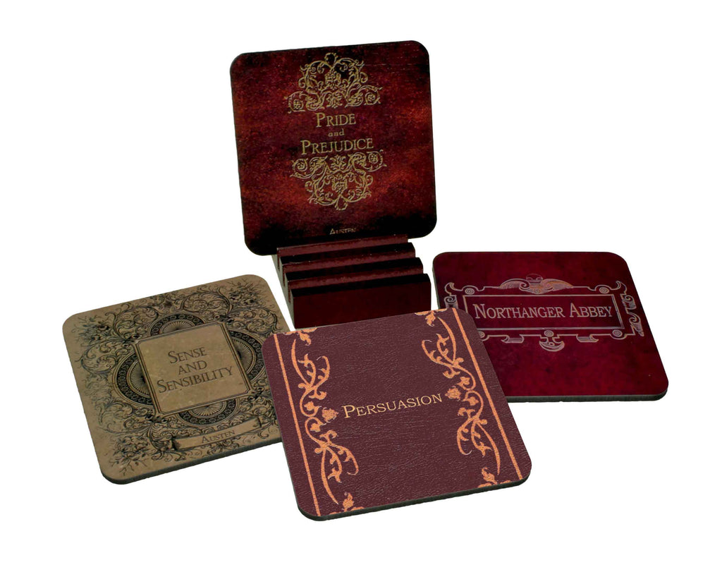 Jane Austen Book Illustration Drawings Coaster Set - Cork Back Coasters (Set of 4, Holder Included)…