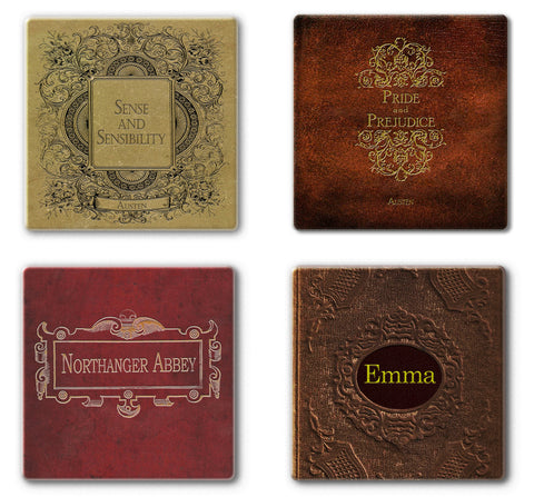 Jane Austen Novels Coaster Set - Ceramic Tile 4 Piece Set - Holder Included