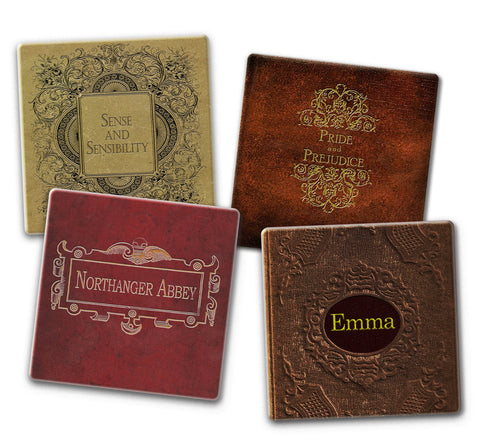 Jane Austen Novels Coaster Set - Ceramic Tile 4 Piece Set - Holder Included