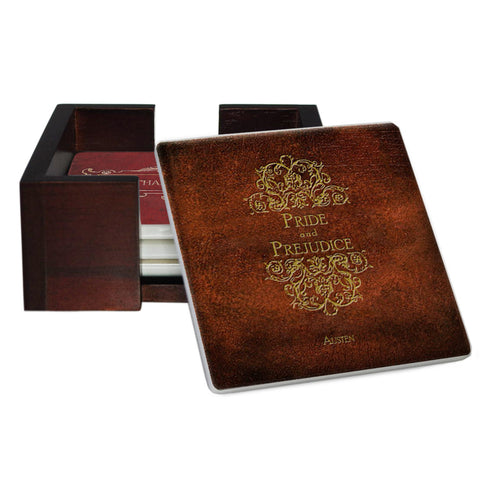 Jane Austen Novels Coaster Set - Ceramic Tile 4 Piece Set - Holder Included