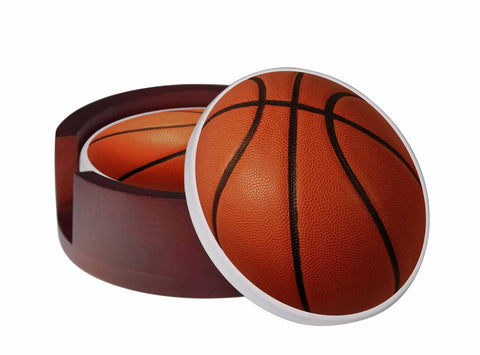 Basketball Images - 4-Piece Round Matte Finish Ceramic Coaster Set - Caddy Included