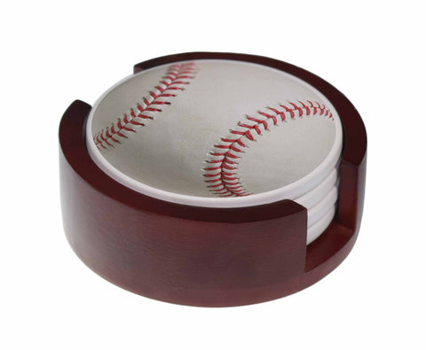 Baseball Images - 4-Piece Round Matte Finish Ceramic Coaster Set - Caddy Included