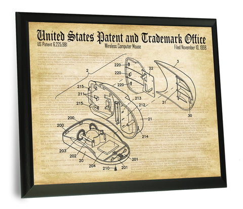 Computer Mouse Patent Trademark Drawing- 9" x 12" Wood Plaque