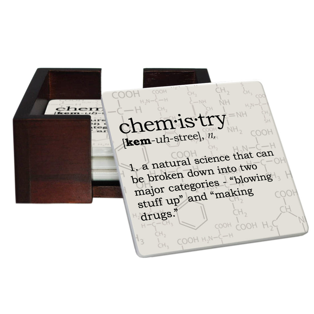 Chemistry Definition Coaster Set - Ceramic Tile 4 Piece Set - Caddy Included