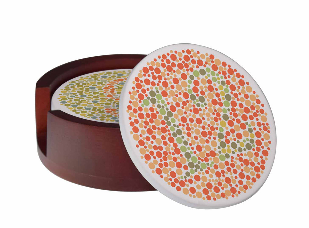 Color Blindness Test Patterns - 4-Piece Round Matte Finish Ceramic Coaster Set - Caddy Included