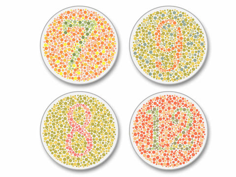 Color Blindness Test Patterns - 4-Piece Round Matte Finish Ceramic Coaster Set - Caddy Included