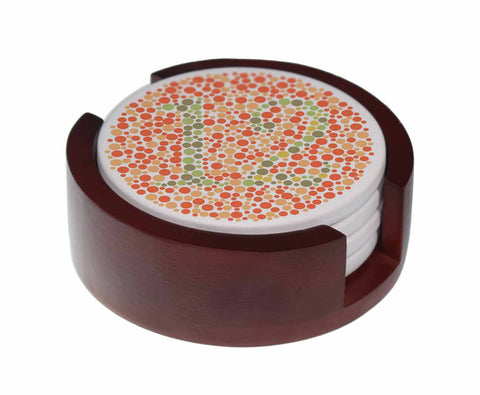 Color Blindness Test Patterns - 4-Piece Round Matte Finish Ceramic Coaster Set - Caddy Included