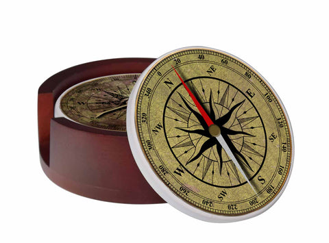 Assorted Compass Images - 4-Piece Round Matte Finish Ceramic Coaster Set - Caddy Included