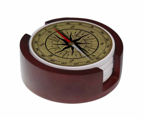 Assorted Compass Images - 4-Piece Round Matte Finish Ceramic Coaster Set - Caddy Included