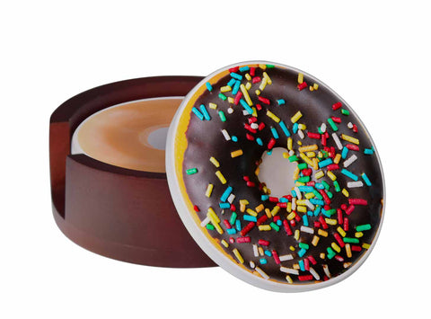 Assorted Doughnut Images - 4-Piece Round Matte Finish Ceramic Coaster Set - Caddy Included