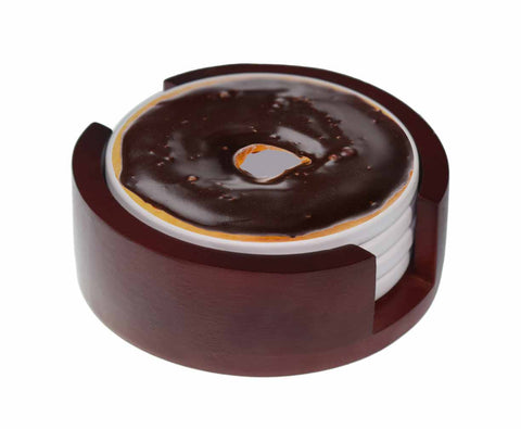 Assorted Doughnut Images - 4-Piece Round Matte Finish Ceramic Coaster Set - Caddy Included