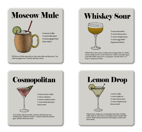 Popular Drink Cocktail Drink Recipes 4-Piece Matte Ceramic Coaster Set - Caddy Included