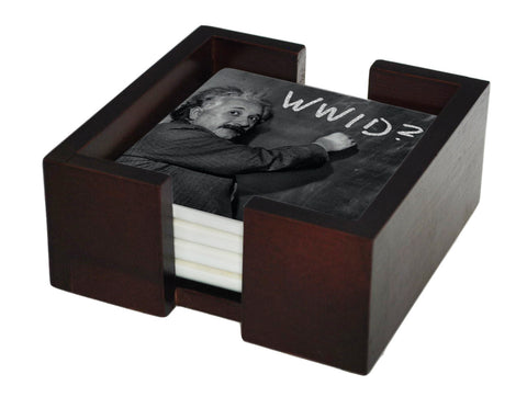 What Would Einstein Do? Coaster Set - Ceramic Tile 4 Piece Set - Caddy Included