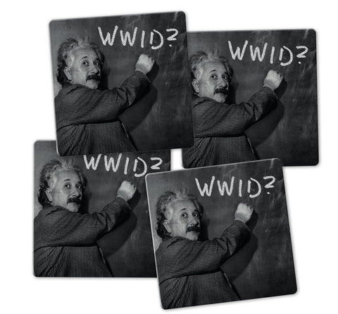 What Would Einstein Do? Coaster Set - Ceramic Tile 4 Piece Set - Caddy Included
