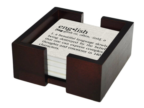 English Definition Coaster Set - Ceramic Tile 4 Piece Set - Caddy Included