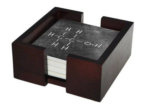 Ethanol Alcohol Molecule Coaster Set - Ceramic Tile 4 Piece Set - Caddy Included