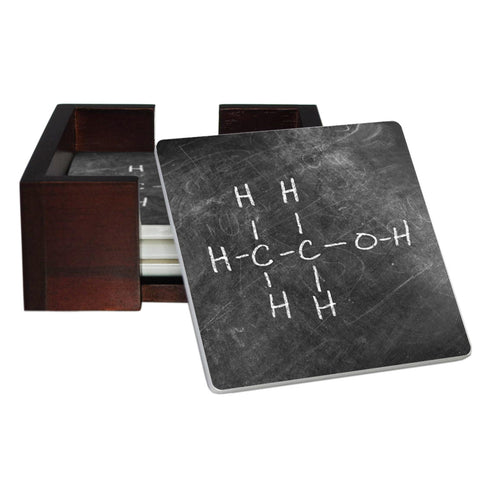 Ethanol Alcohol Molecule Coaster Set - Ceramic Tile 4 Piece Set - Caddy Included