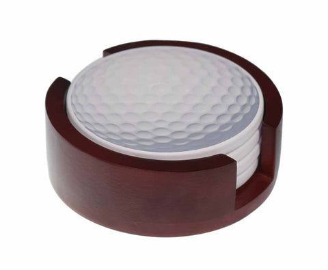 Golf Ball Images - 4-Piece Round Matte Finish Ceramic Coaster Set - Caddy Included