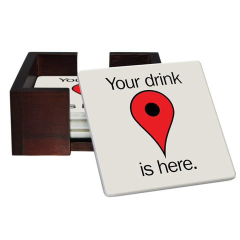 GPS Drink Locator Coaster Set - Ceramic Tile 4 Piece Set - Caddy Included