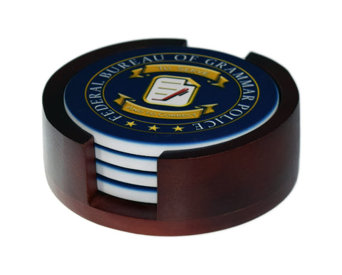 Grammar Police Coaster Set - Ceramic Round Tile 4 Piece Set - Caddy Included