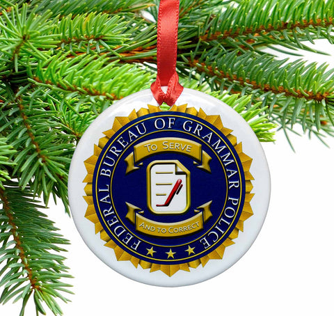 Grammar Police Badge Ceramic Christmas Ornament