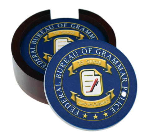Grammar Police Coaster Set - Ceramic Round Tile 4 Piece Set - Caddy Included