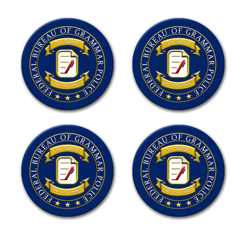 Grammar Police Coaster Set - Ceramic Round Tile 4 Piece Set - Caddy Included
