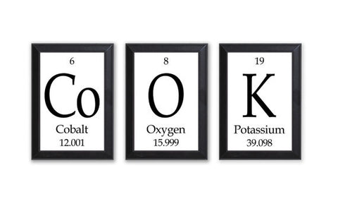 Cook Periodic Table Framed 3 Piece Wall Plaque Set  Each Plaque 5" x 7" - Geeky Home Decor