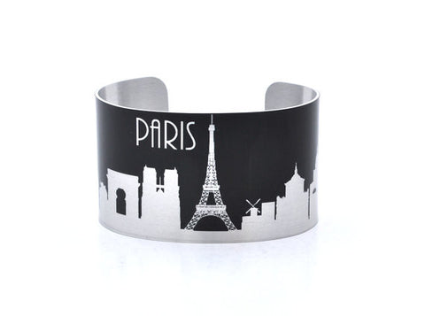 Paris France Silver and Black Skyline Aluminum Cuff