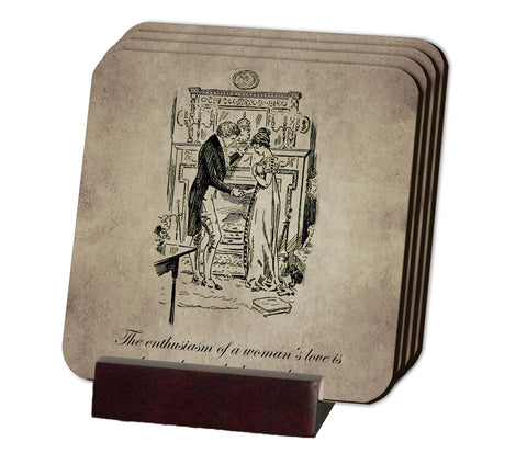 Jane Austen Book Illustration Drawings Coaster Set - Cork Back Coasters (Set of 4, Holder Included)