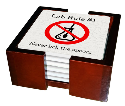 Lab Rules #1 - #6 Coaster Set With Holder- Tile Coaster Set - 6 Piece Set - Holder Included