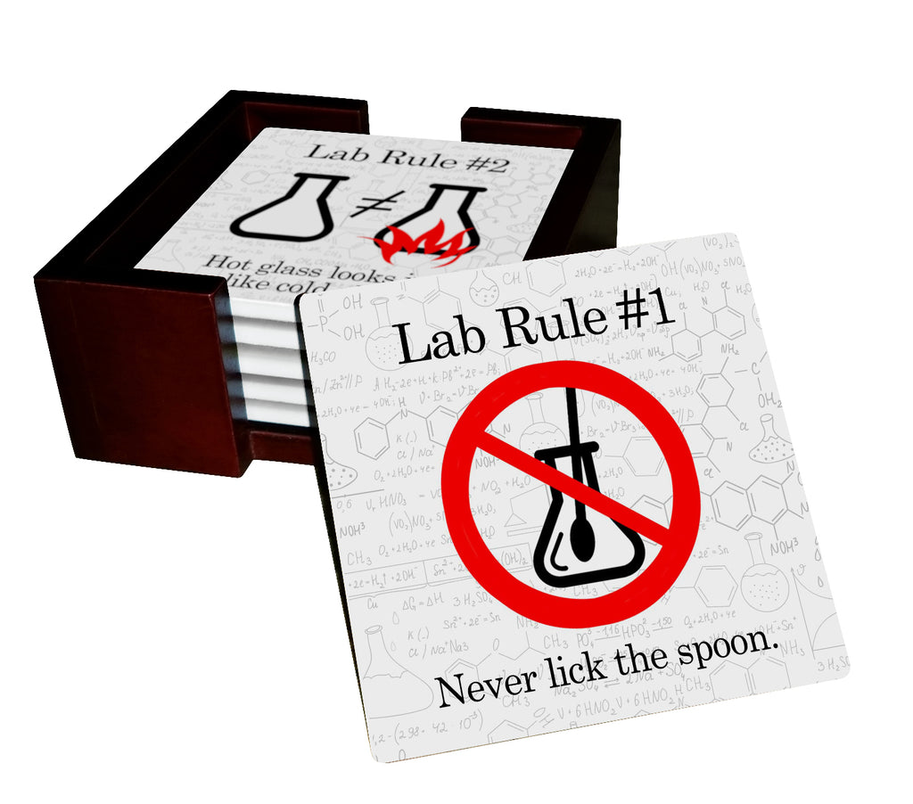 Lab Rules #1 - #6 Coaster Set With Holder- Tile Coaster Set - 6 Piece Set - Holder Included