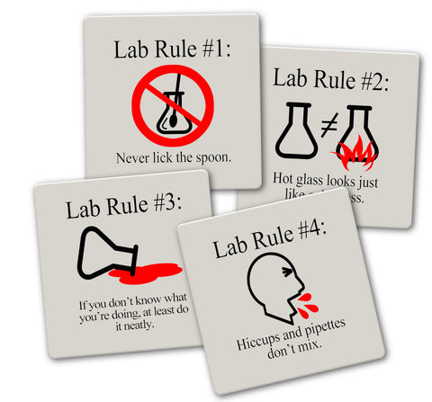 Lab Rules 1-4 Coaster Set - Ceramic Tile 4 Piece Set - Caddy Included